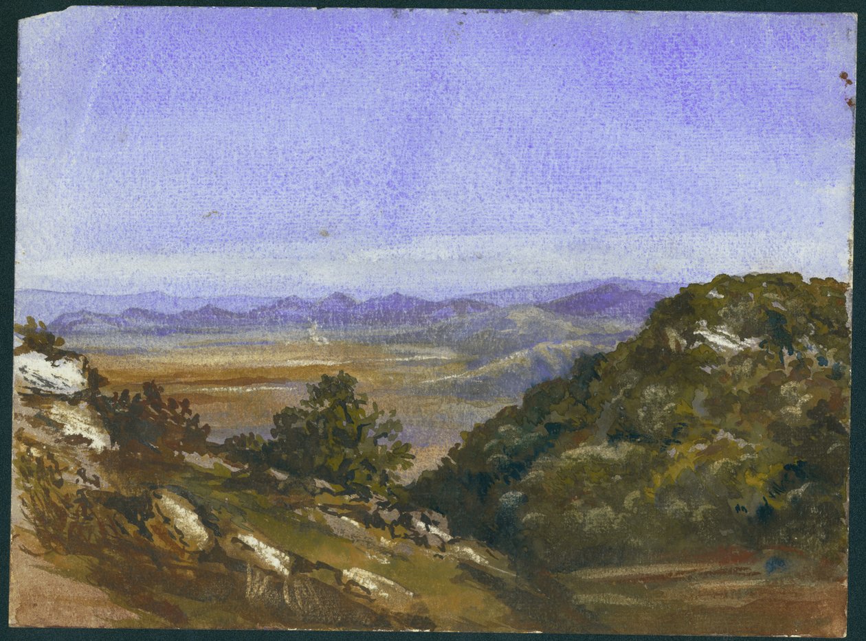 O Mahrakah e vista sobre a planície de Jezreel, 1872 (wc e lápis sobre papel) de Claude Conder