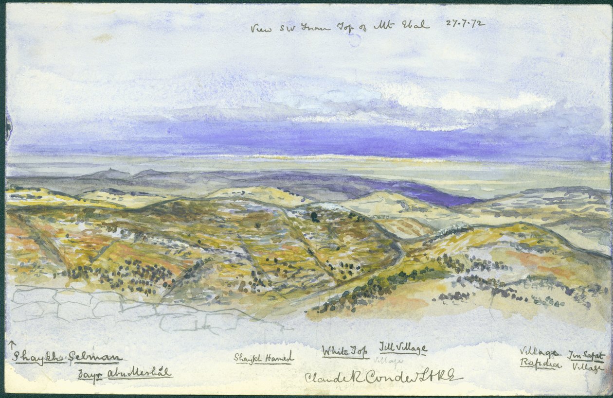 Vista do Sudoeste do topo do Monte Ebal, 1872 (wc e lápis sobre papel) de Claude Conder