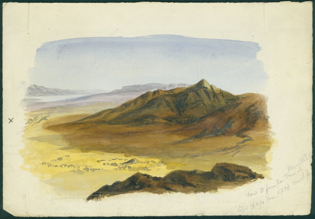 Vista do vale do Jordão, olhando para o sul, 1874 (wc e lápis sobre papel) de Claude Conder