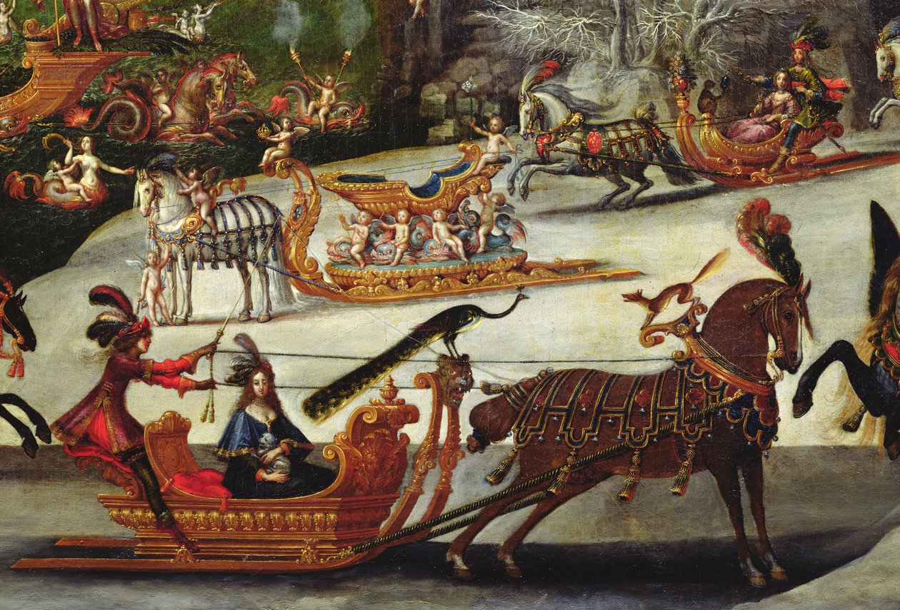 Água, detalhe de um pavão no cimo de um trenó, c.1640-41 (detalhe de 387338) de Claude Deruet