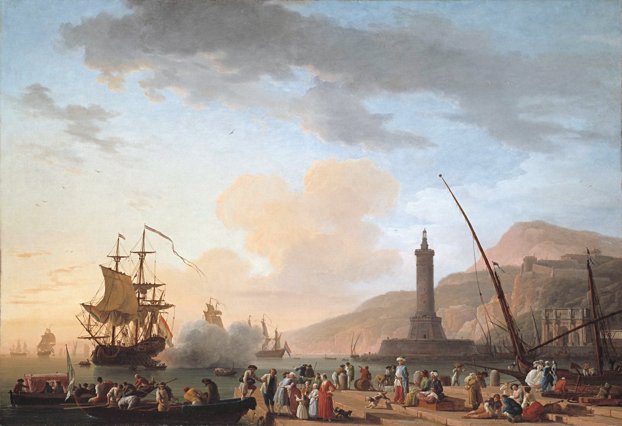 Um porto ao pôr do sol de Claude Joseph Vernet