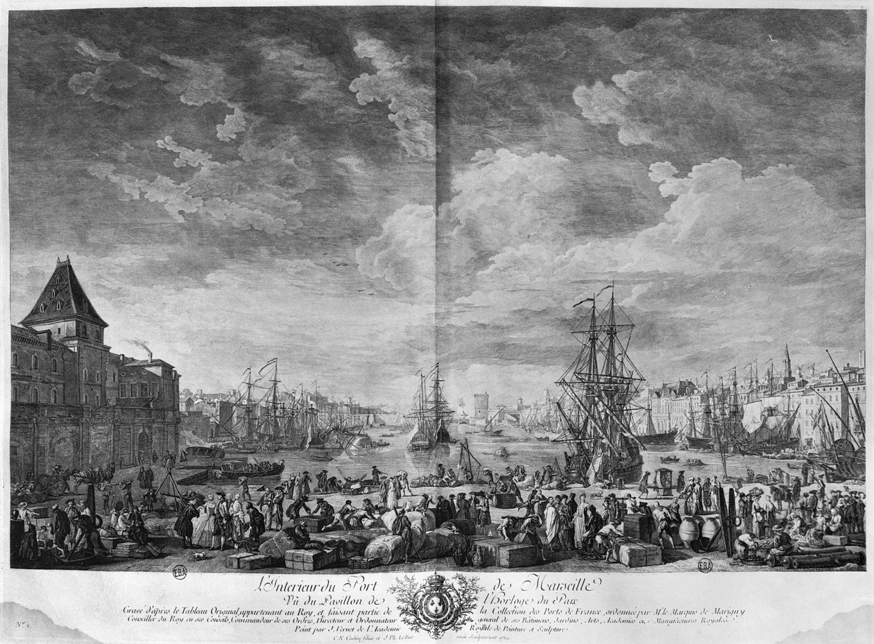 Porto Interior de Marselha, visto do Pavilhão do Horloge du Parc, série de &39;Les Ports de France&39;, gravada por Charles Nicolas Cochin, o Jovem (1715-90) e Jacques Philippe Le Bas (1707-83) de Claude Joseph Vernet
