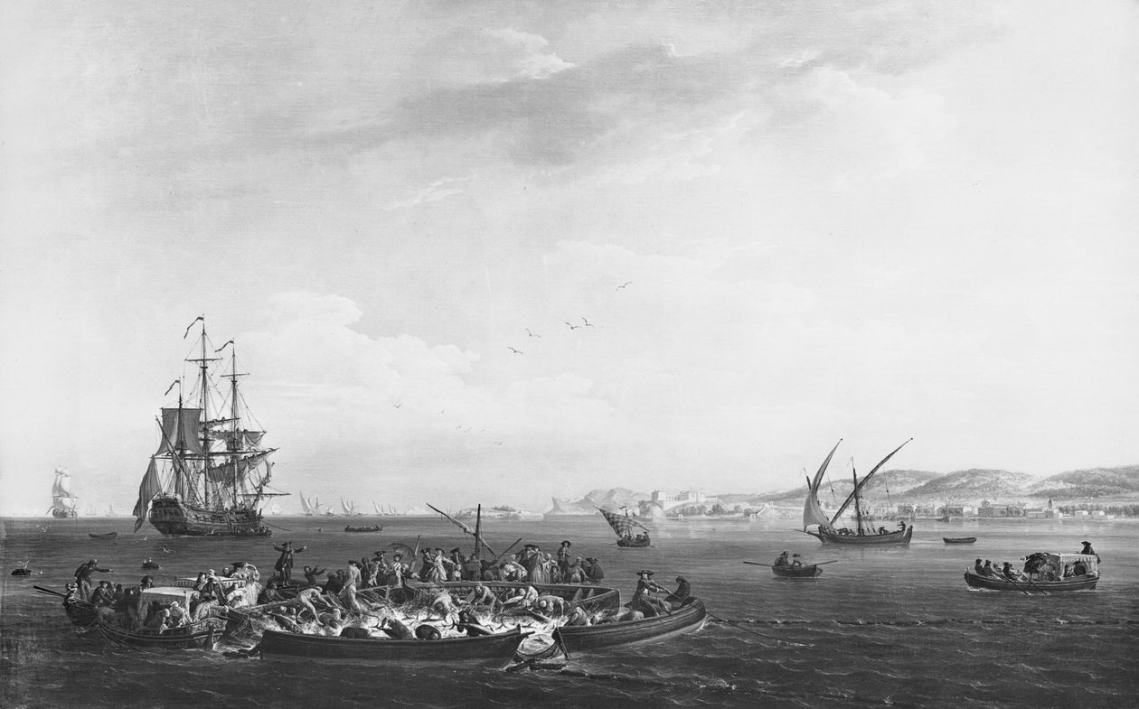 &39;La Madrague&39; ou pesca de atum, vista da Baía de Bandol, 1755 de Claude Joseph Vernet