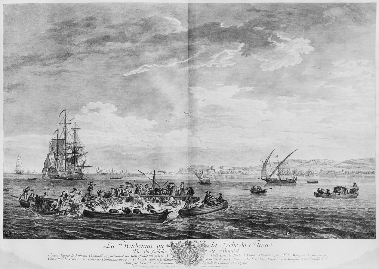 &39;La Madrague&39; ou pesca de atum, vista da Baía de Bandol, série de &39;Les Ports de France&39;, gravada por Charles Nicolas Cochin, o Jovem (1715-1790) e Jacques Philippe Le Bas (1707-83), 1762 (gravura de Claude Joseph Vernet