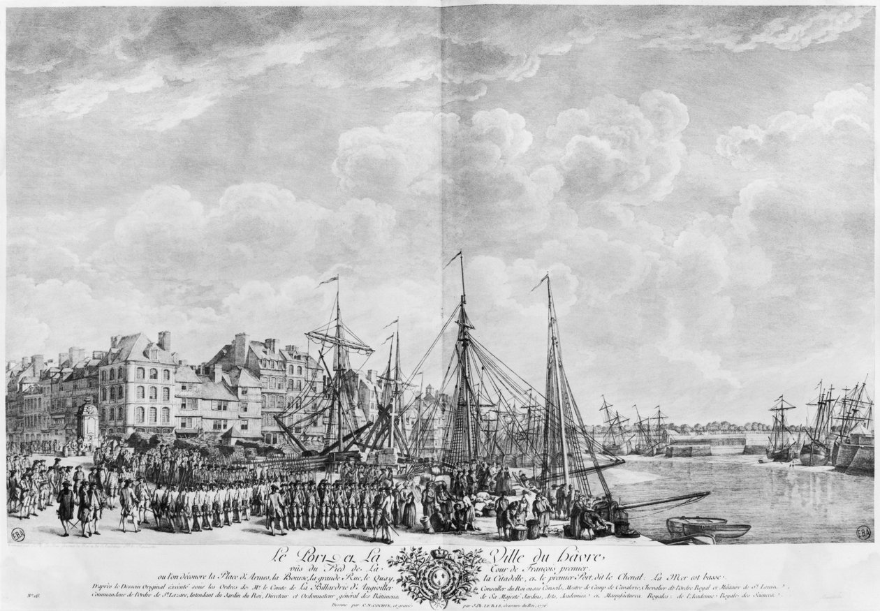 Porto e cidade de Le Havre, vista da torre de François I, série de "Les Ports de France", gravada por Charles Nicolas Cochin, o Jovem (1715-90) e Jacques Philippe Le Bas (1707-83) 1762 (etch de Claude Joseph Vernet