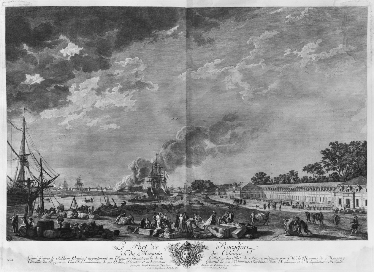 Porto de Rochefort, visto da loja das colônias, série de "Les Ports de France", gravada por Charles Nicolas Cochin, o Jovem (1715-1790) e Jacques Philippe Le Bas (1707-83), 1767 (gravura e buril) de Claude Joseph Vernet