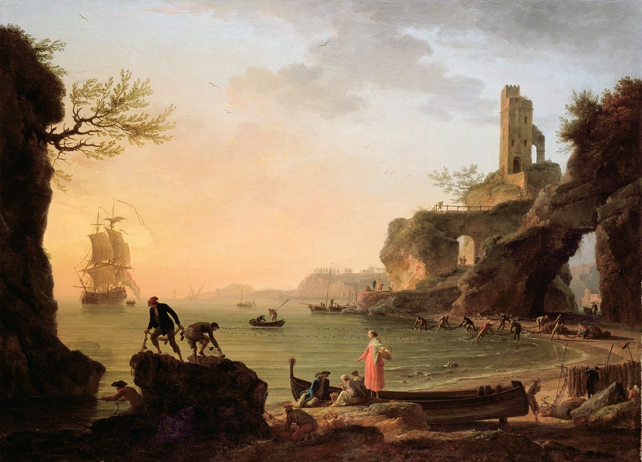 Pôr do sol, pescadores puxando suas redes, 1760 de Claude Joseph Vernet