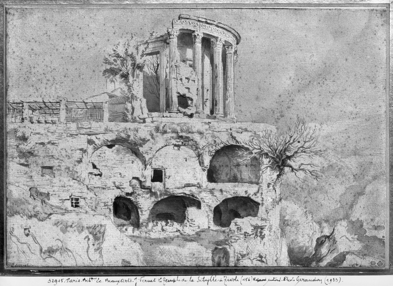 Templo da Sibila, Tivoli (caneta e lavagem no papel) de Claude Joseph Vernet