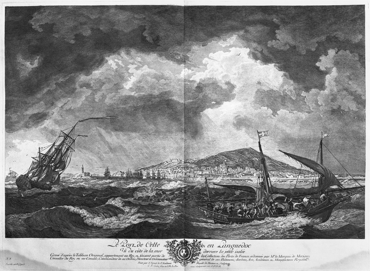 O porto de Cette em Languedoc visto do mar atrás do molhe isolado, série de &39;Les Ports de France&39;, gravada por Charles Nicolas Cochin, o Jovem (1715-90) e Jacques Philippe Le Bas (1707- de Claude Joseph Vernet