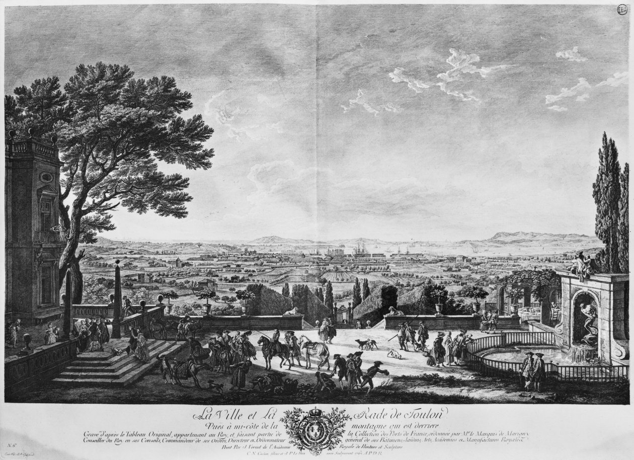 Cidade e Porto de Toulon, vista do meio da montanha atrás, série de "Les Ports de France", gravada por Charles Nicolas Cochin, o Jovem (1715-90) e Jacques Philippe Le Bas (1707-83). 176 de Claude Joseph Vernet