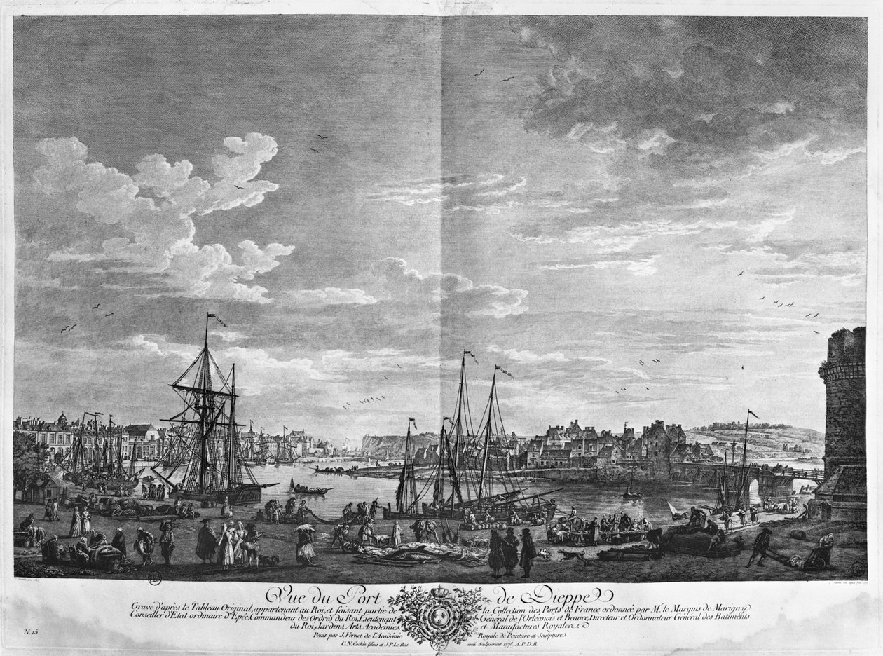 Vista do porto de Dieppe, série de &39;Les Ports de France&39;, gravada por Charles Nicolas Cochin, o Jovem (1715-1790) e Jacques Philippe Le Bas (1707-83), 1762 (gravura e buril) de Claude Joseph Vernet