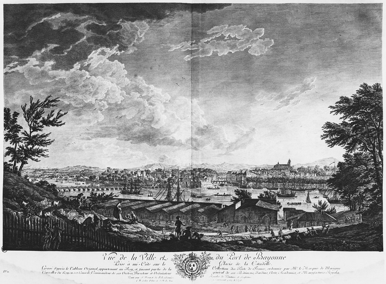 Vista da cidade e do porto de Bayonne visto da metade da cidadela, série de "Les Ports de France", gravada por Charles Nicolas Cochin, o Jovem (1715-90) e Jacques Philippe Le Bas (1707-83) de Claude Joseph Vernet