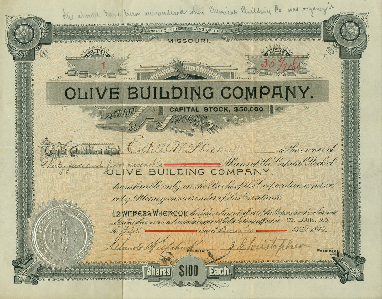 Certificado de ações da Olive Street Building Company emitido para Estill M. Henry, 5 de dezembro de 1892 de Claude Kirkpatrick