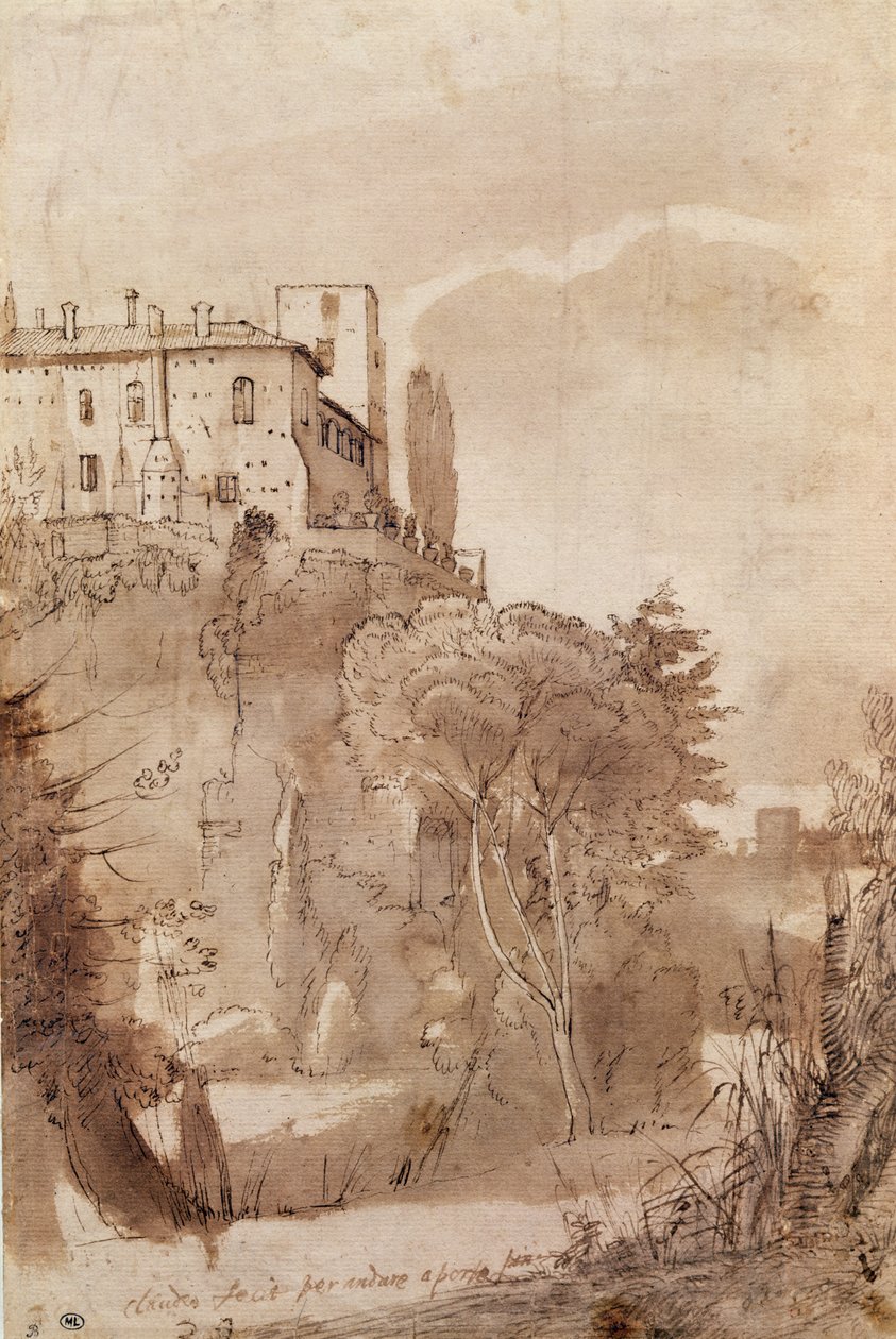 Uma estrada fora das muralhas de Roma, c.1627-30 (caneta e tinta no papel) de Claude Lorrain