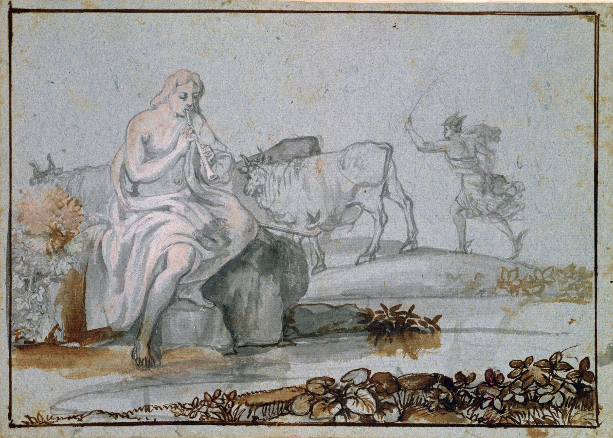 Apollo e Mercury (marrom e tinta cinza e lavar no papel) de Claude Lorrain