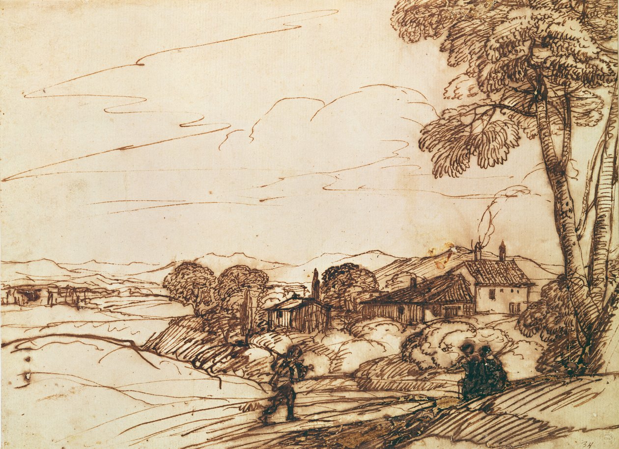 Paisagem (caneta e bistre e lavar no papel) de Claude Lorrain