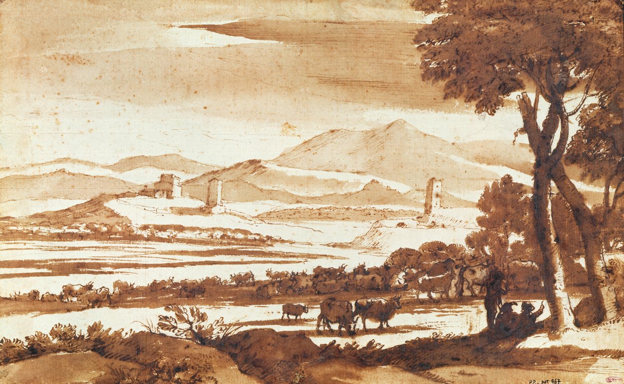 Paisagem do campo romano, 1643 (caneta e tinta para lavar no papel) de Claude Lorrain