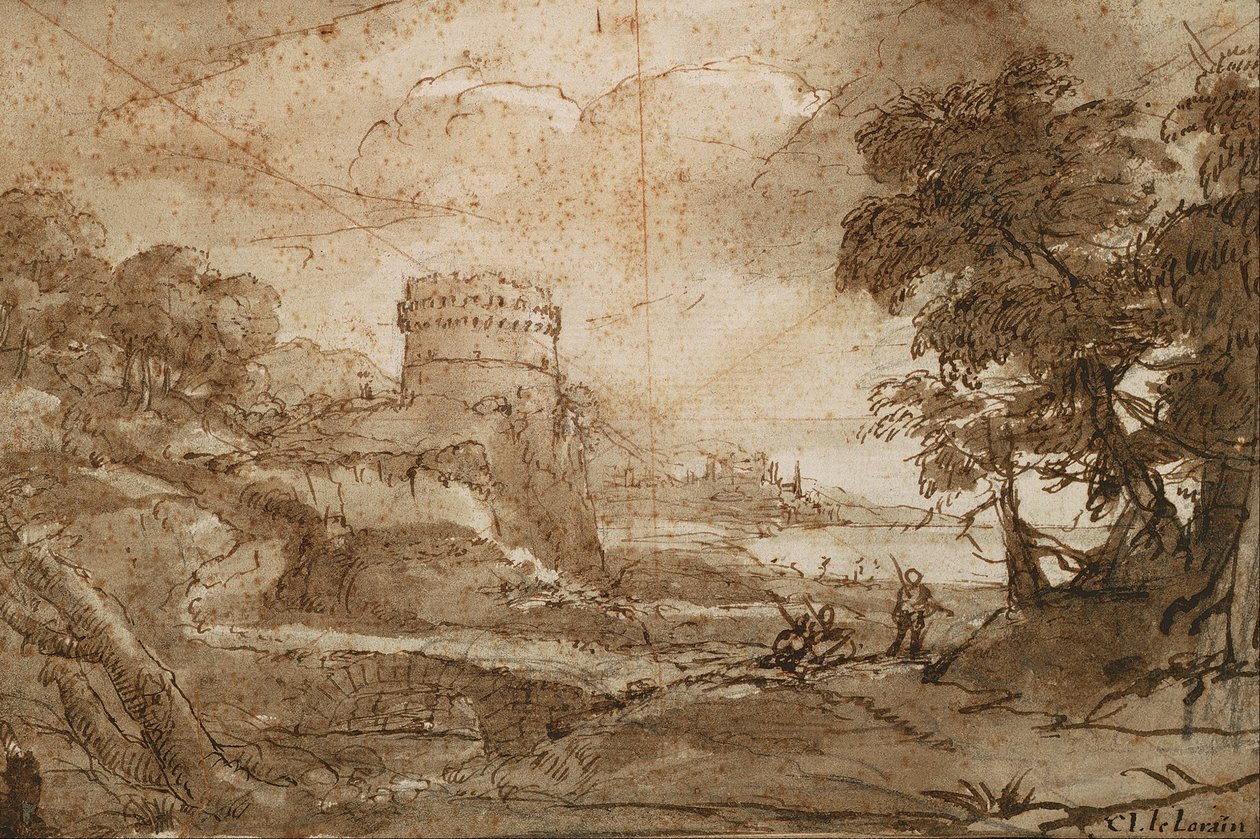 Paisagem, com, torre redonda, e, baía de Claude Lorrain