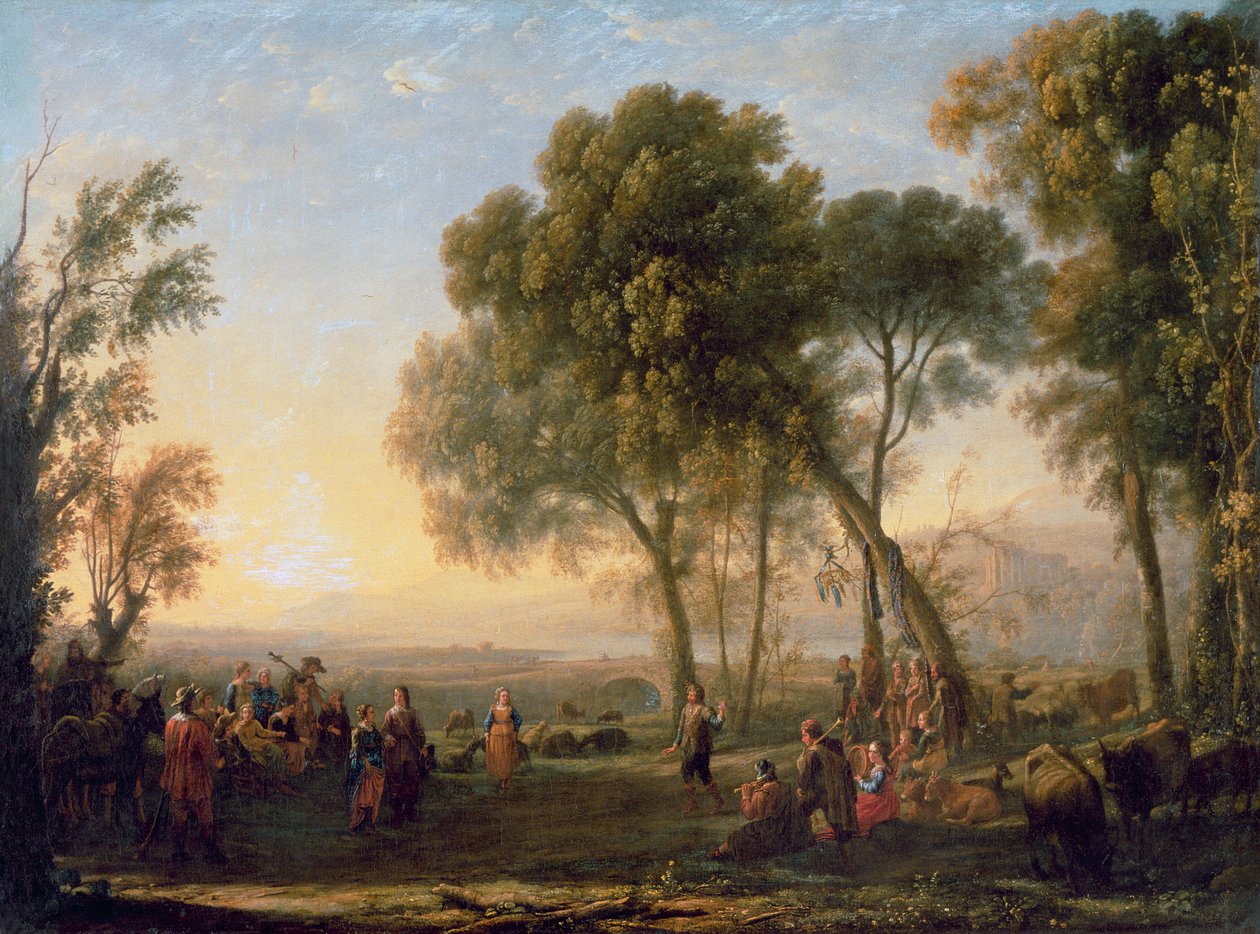 Paisagem com uma dança do país (óleo) de Claude Lorrain