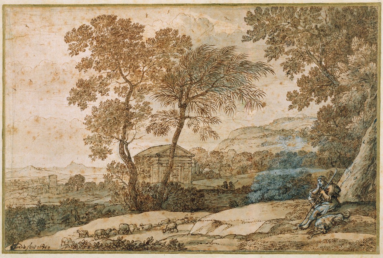 Paisagem com um pastor e seu cachorro (caneta e tinta no papel) de Claude Lorrain