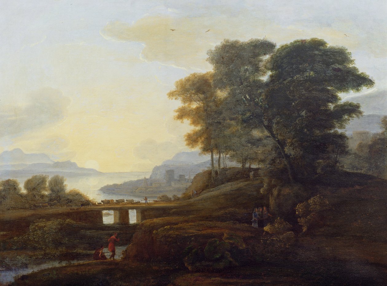 Paisagem com gado e cabras atravessando uma ponte de Claude Lorrain