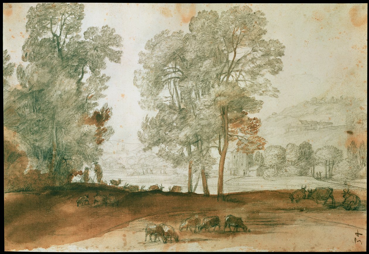 Paisagem Pastoral (giz preto e lavagem no papel) de Claude Lorrain
