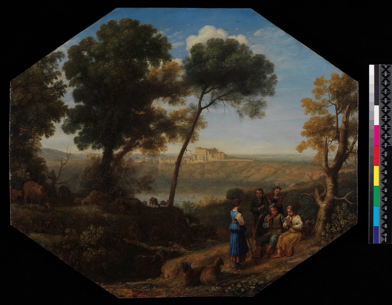 Paisagem pastoral com vista para o Lago Albano e Castel Gondolfo, 1639 (óleo sobre estanho) de Claude Lorrain