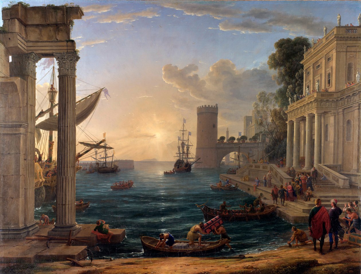Porto marítimo com o embarque da rainha de Sabá de Claude Lorrain