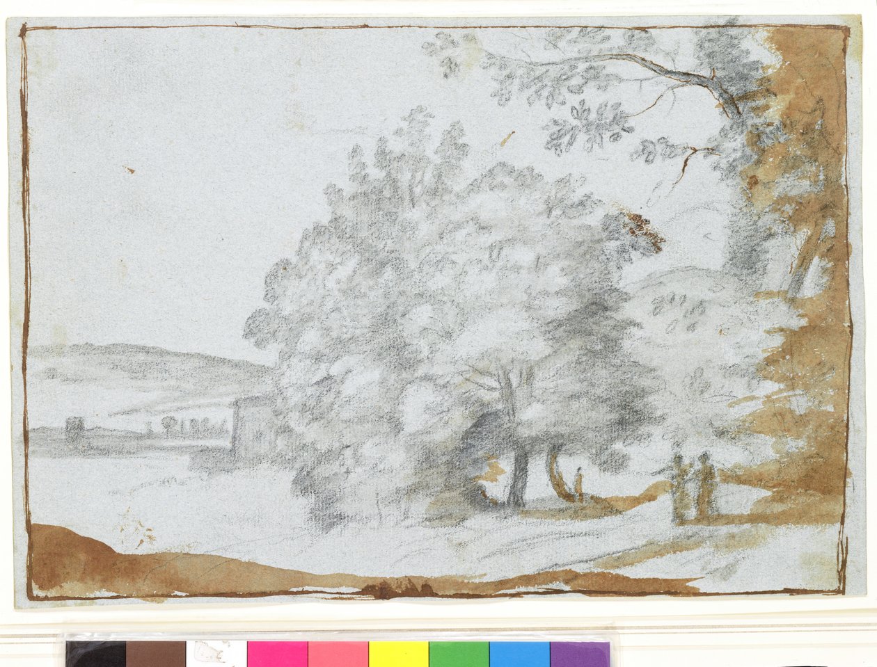 Paisagem iluminada pelo sol com árvores (giz preto und marrom lavar no papel) de Claude Lorrain