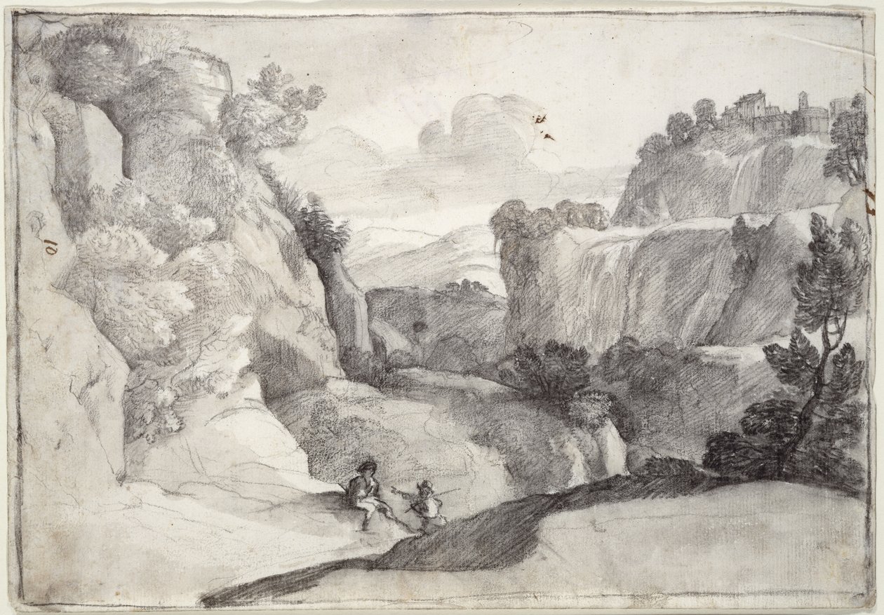 As Cascatas de Tivoli (giz preto sobre papel) de Claude Lorrain