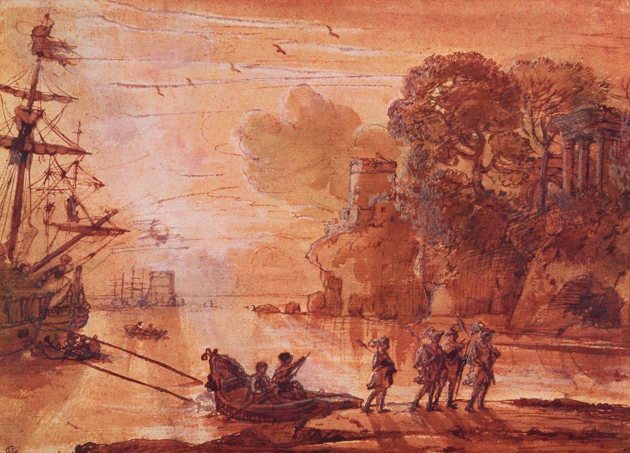 O desembarque de guerreiros em um porto, possivelmente Enéias no Lácio, 1660-65 (caneta e tinta para lavar com guache sobre papel) de Claude Lorrain