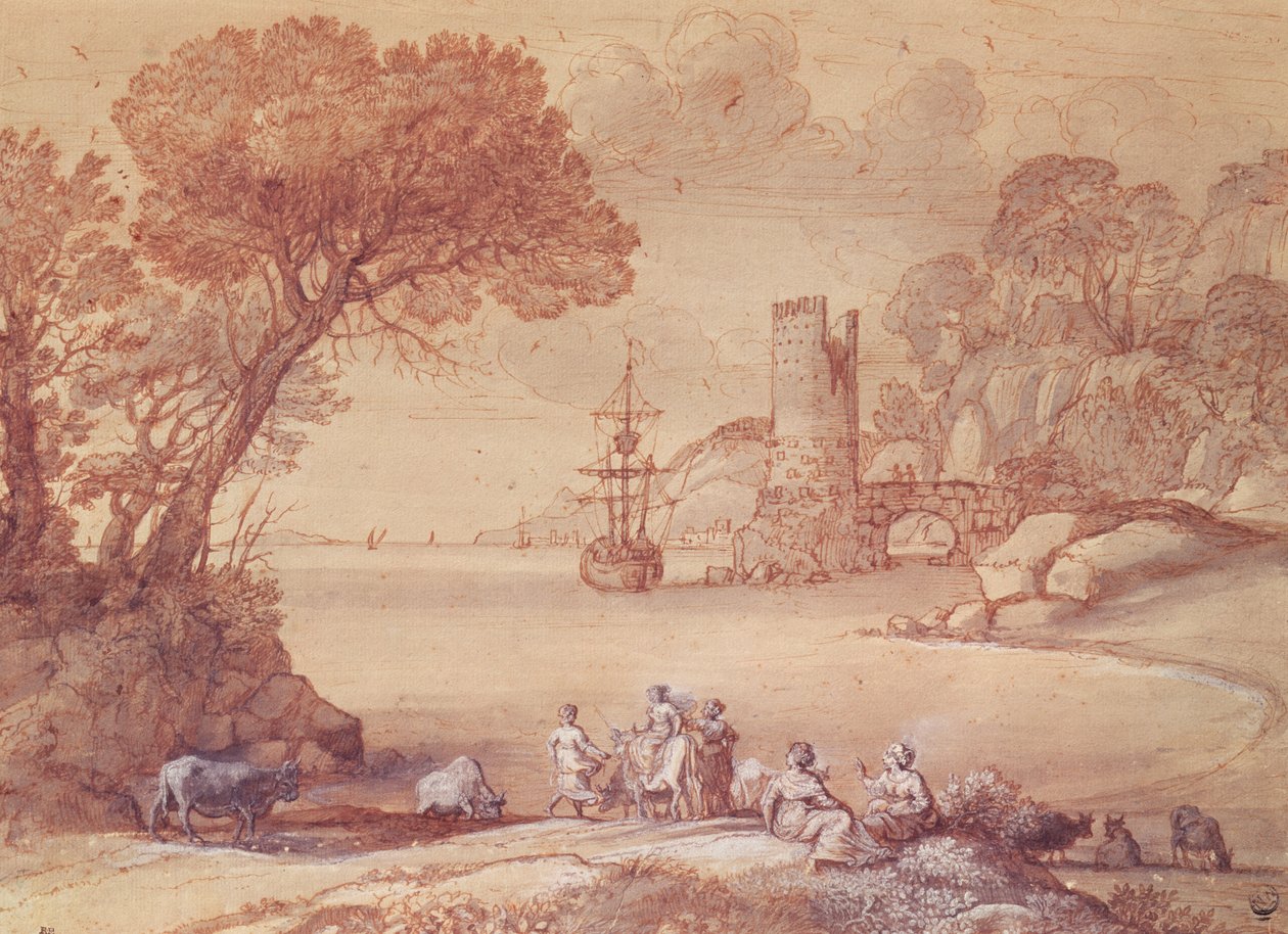The Rape of Europa, 1655 (caneta, tinta e lavagem) de Claude Lorrain