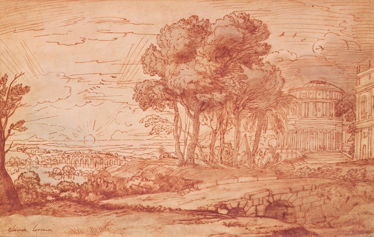 O Templo de Apolo, na ilha de Delos, c.1648 (caneta, tinta seca e bistre) de Claude Lorrain
