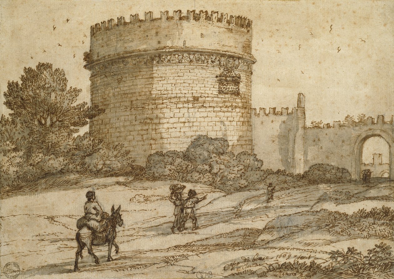 Túmulo de Cecilia Metella, 1669 (giz preto com caneta e tinta marrom e cinza-marrom lava em um papel branco fino-à tona) de Claude Lorrain