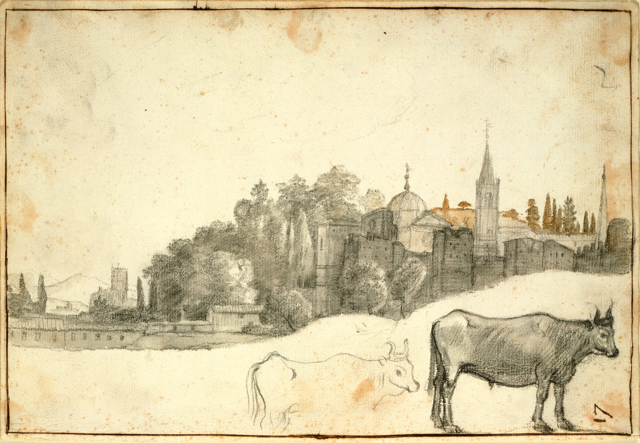 Vista do lado de fora da Piazza del Popolo (giz preto e lavagem no papel) de Claude Lorrain