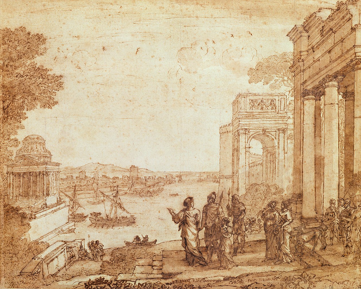 Vista de Cartago com Dido e Aeneas (caneta, aquarela e bistre) de Claude Lorrain