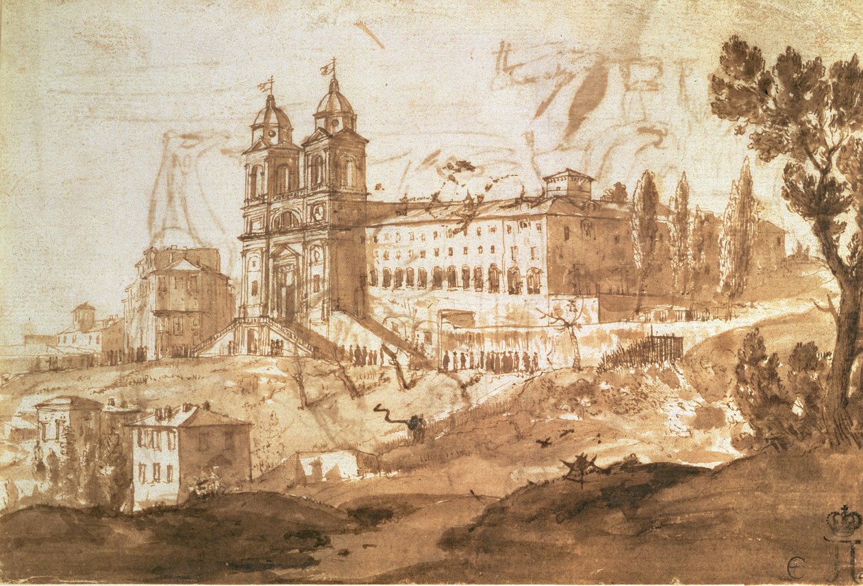 Vista da Igreja de S. Trinita dei Monti, Roma, c.1632 (caneta e tinta com lavagem marrom) de Claude Lorrain