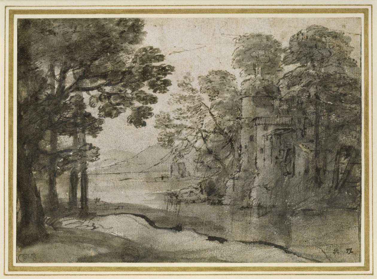Watermill entre árvores, c.1635-38 (caneta e tinta preta com cinza lave sobre giz preto em papel branco) de Claude Lorrain