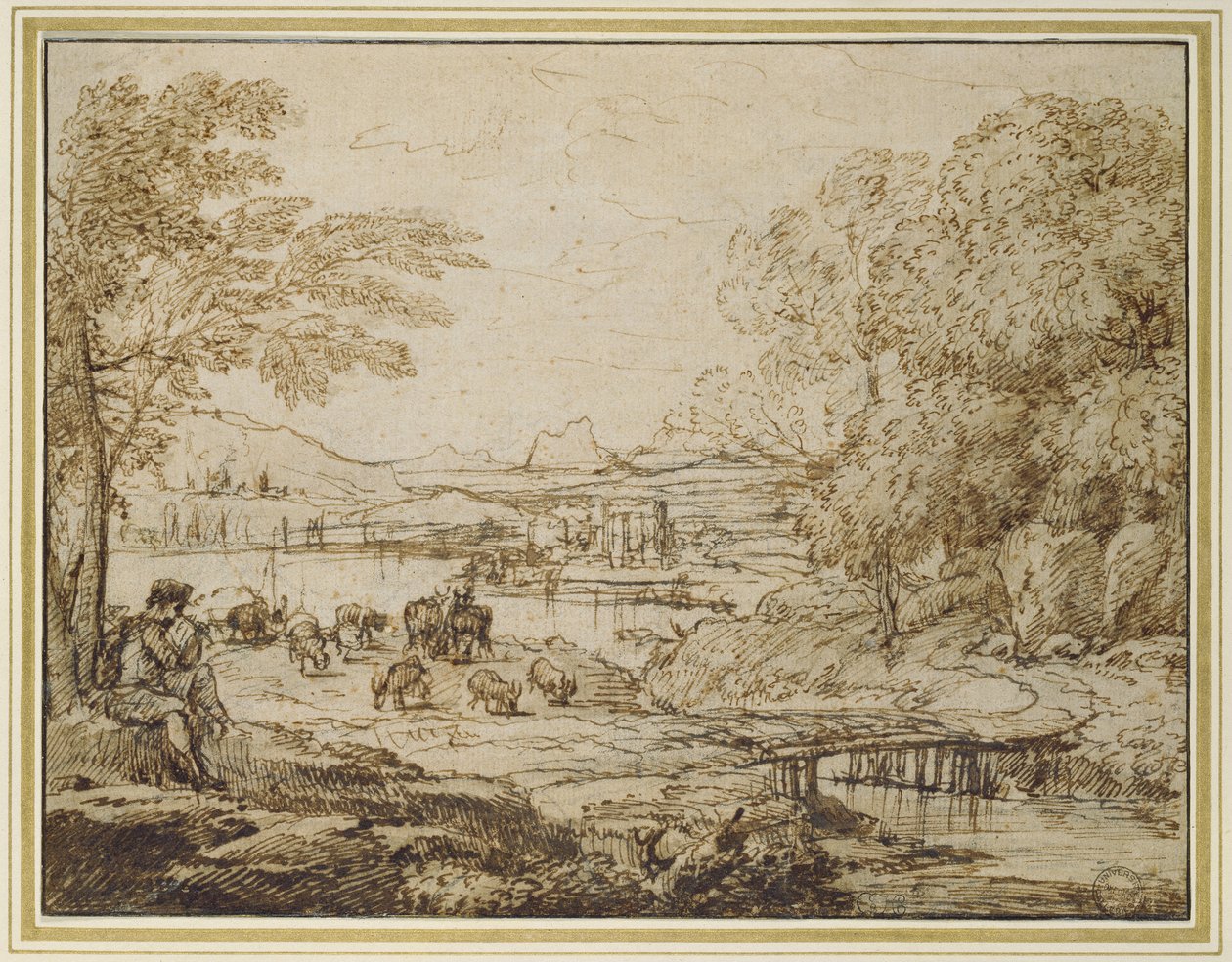 Juventude jogando um tubo em uma paisagem pastoral, c. 1640 (giz preto com caneta e tinta marrom e lavagem marrom pálido em papel bege pálido) de Claude Lorrain