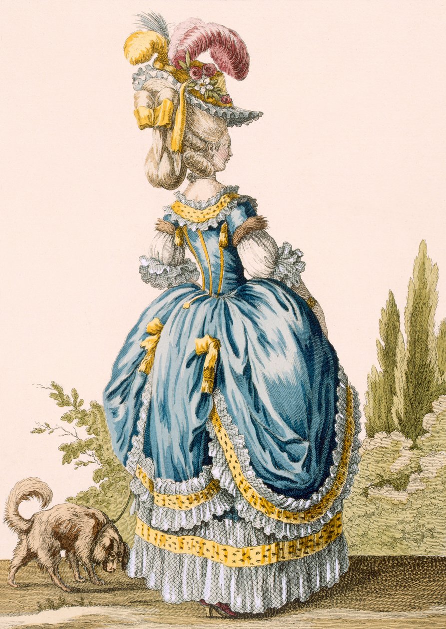 Vista traseira de um vestido de senhora, gravado por Voysard, placa no.8 de &39;Galeries des Modes et Costumes Francais&39;, c.1778-87 de Claude Louis Desrais