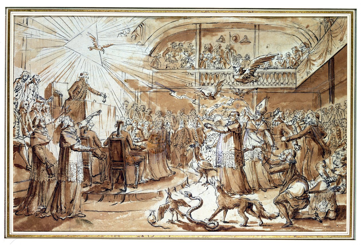 Caricatura do clero na Assembléia Constituinte de dezembro de 1790, refutando a imposição da Constituição Civil sobre a Igreja, 1790 (caneta e tinta no papel) de Claude Louis Desrais