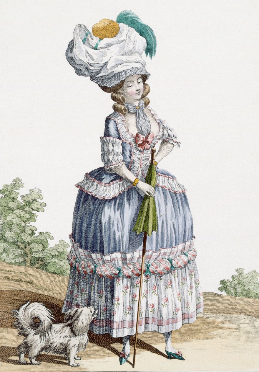 Senhora a passear com o cão, gravada por Voysard, placa no.28 de "Galeries des Modes et Costumes Francais", c.1778-87 99: vestuário; vestido tradicional; traje tradicional; moda; illu de Claude Louis Desrais
