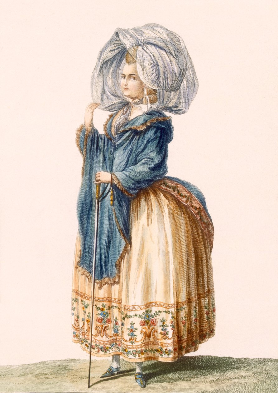 Vestido de senhora, gravado por Voysard, prato de &39;Galeries des Modes et Costumes Francais&39;, c.1778-87 99: vestuário; vestido tradicional; traje tradicional; moda; ilustração; c18th de Claude Louis Desrais