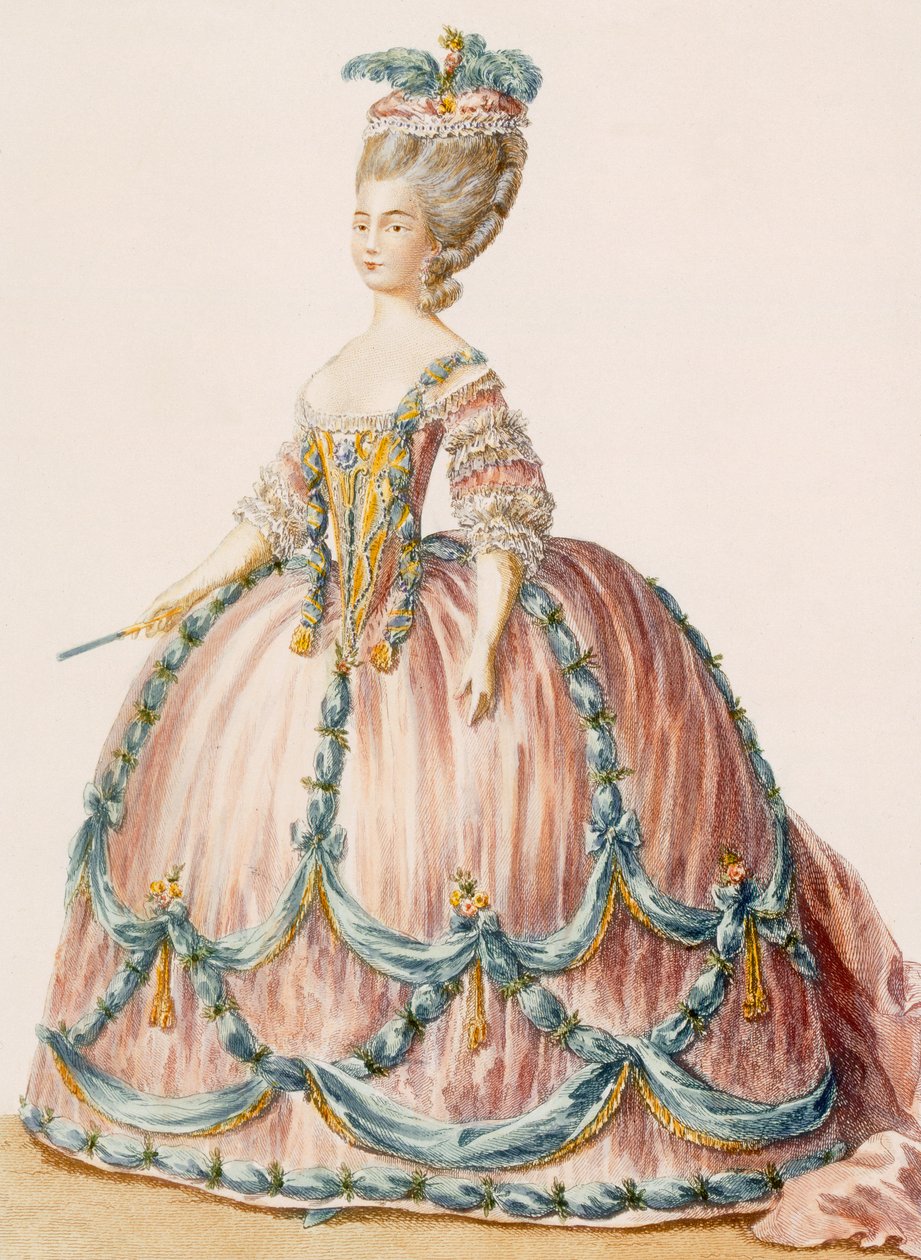 Vestido de senhora para a corte real, gravado por Deny, de &39;Galeries des Modes et Costumes Francais&39;, c.1778-87 de Claude Louis Desrais