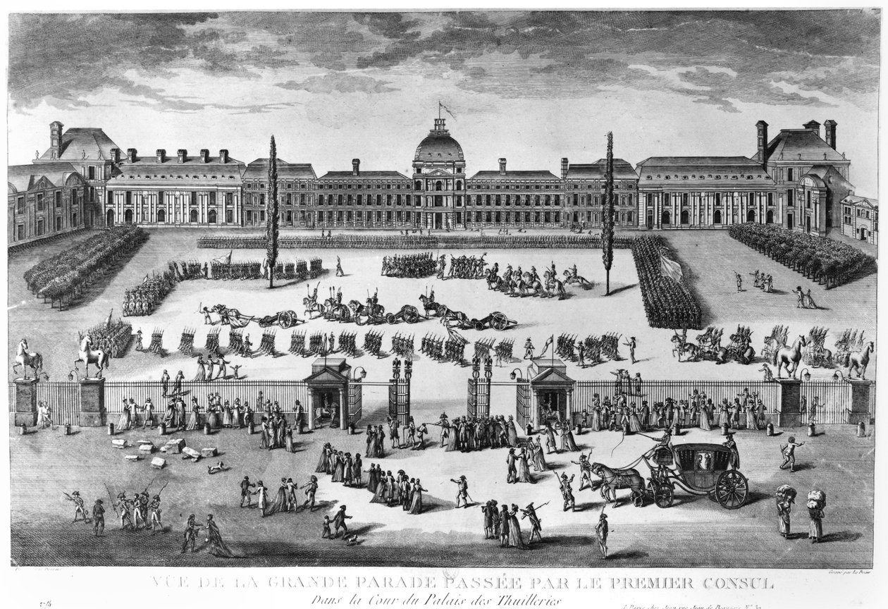 Napoleão Bonaparte (1769-1821) Primeiro Cônsul, Revendo suas tropas no pátio do Palácio das Tulherias, gravado por Pierre Adrien Le Beau (n.1748) de Claude Louis Desrais