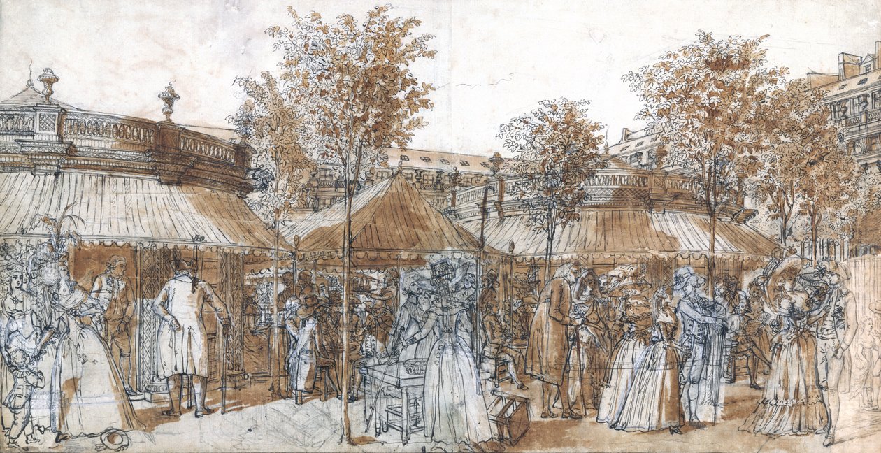 O Palais Royal Garden Walk em 1787 (caneta e tinta marrom no papel) de Claude Louis Desrais