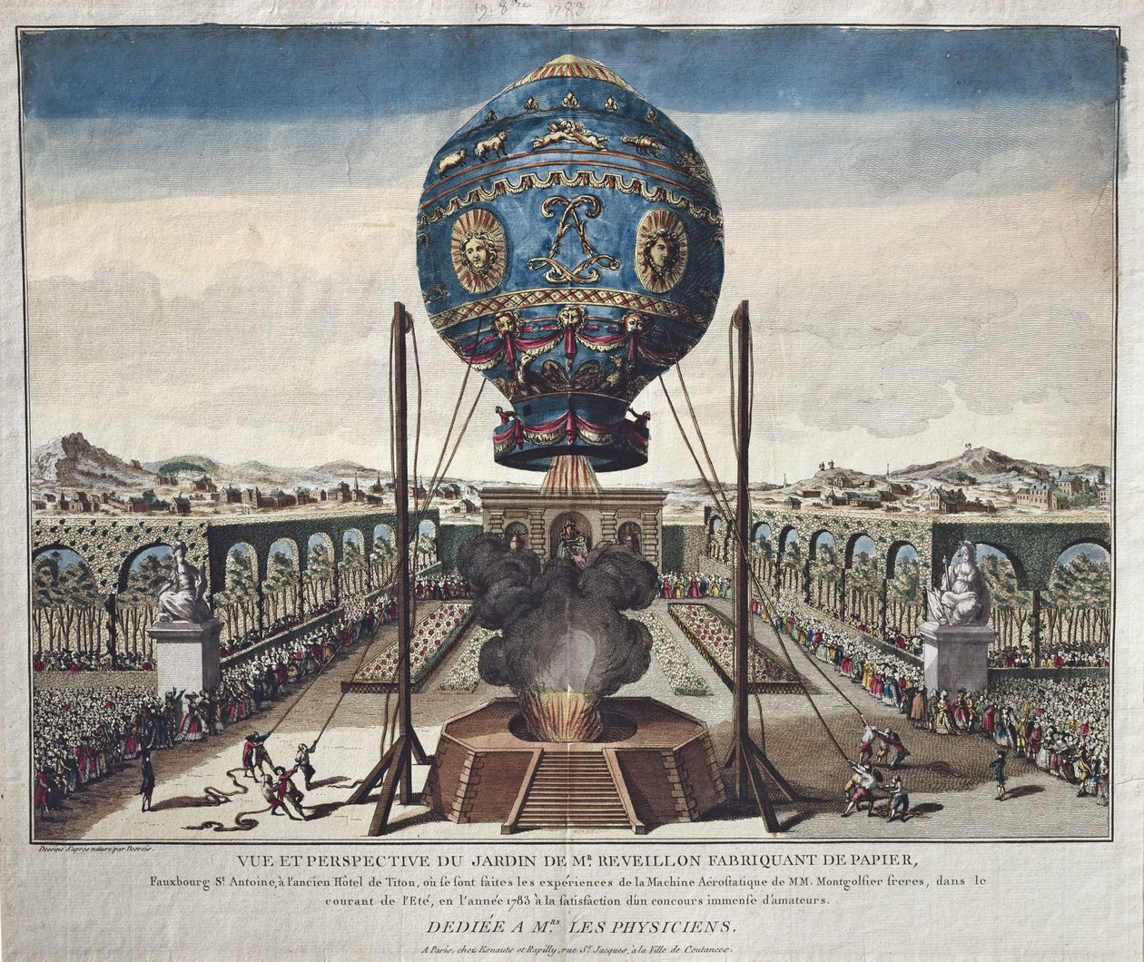Vista do Experimento de Balão dos Irmãos Montgolfier no Jardim de M. Reveillon em 19 de outubro de 1783 de Claude Louis Desrais