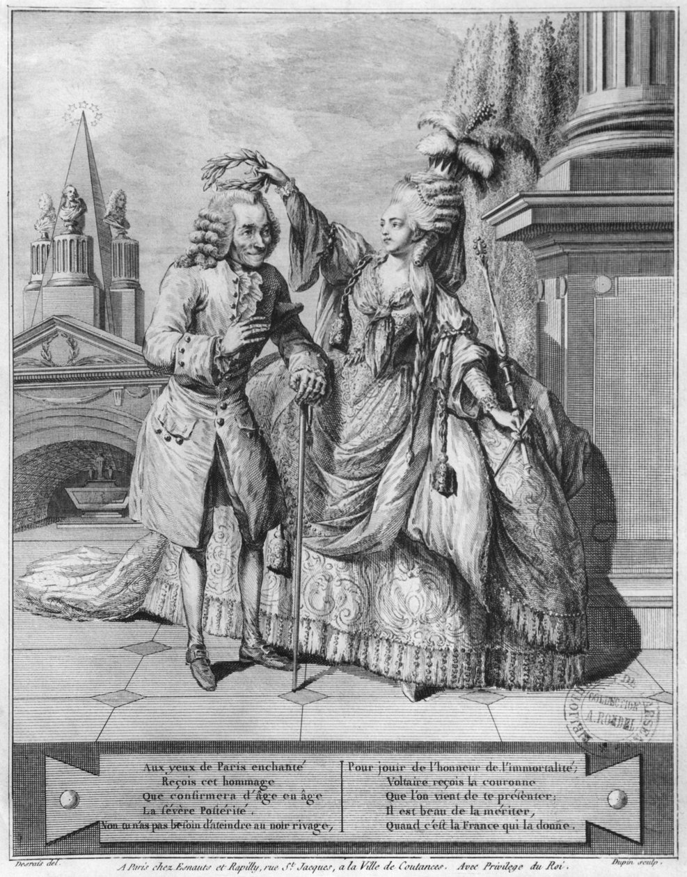 Voltaire coroado por Mademoiselle Clairon, gravado por Jean Victor (n.1718) 1791 de Claude Louis Desrais