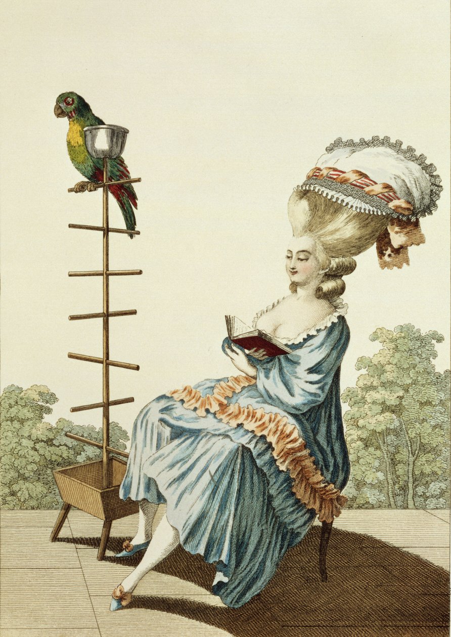 Mulher jovem, leitura, em, um, vestido dia, com, um, elaborado, penteado, e, bonnet, prato, 20, de, &39;Galerie, des, Modes, e, trajes, Francais&39;, gravado, por, etienne, Claude, Voysard, (1746-1812), 1778 de Claude Louis Desrais