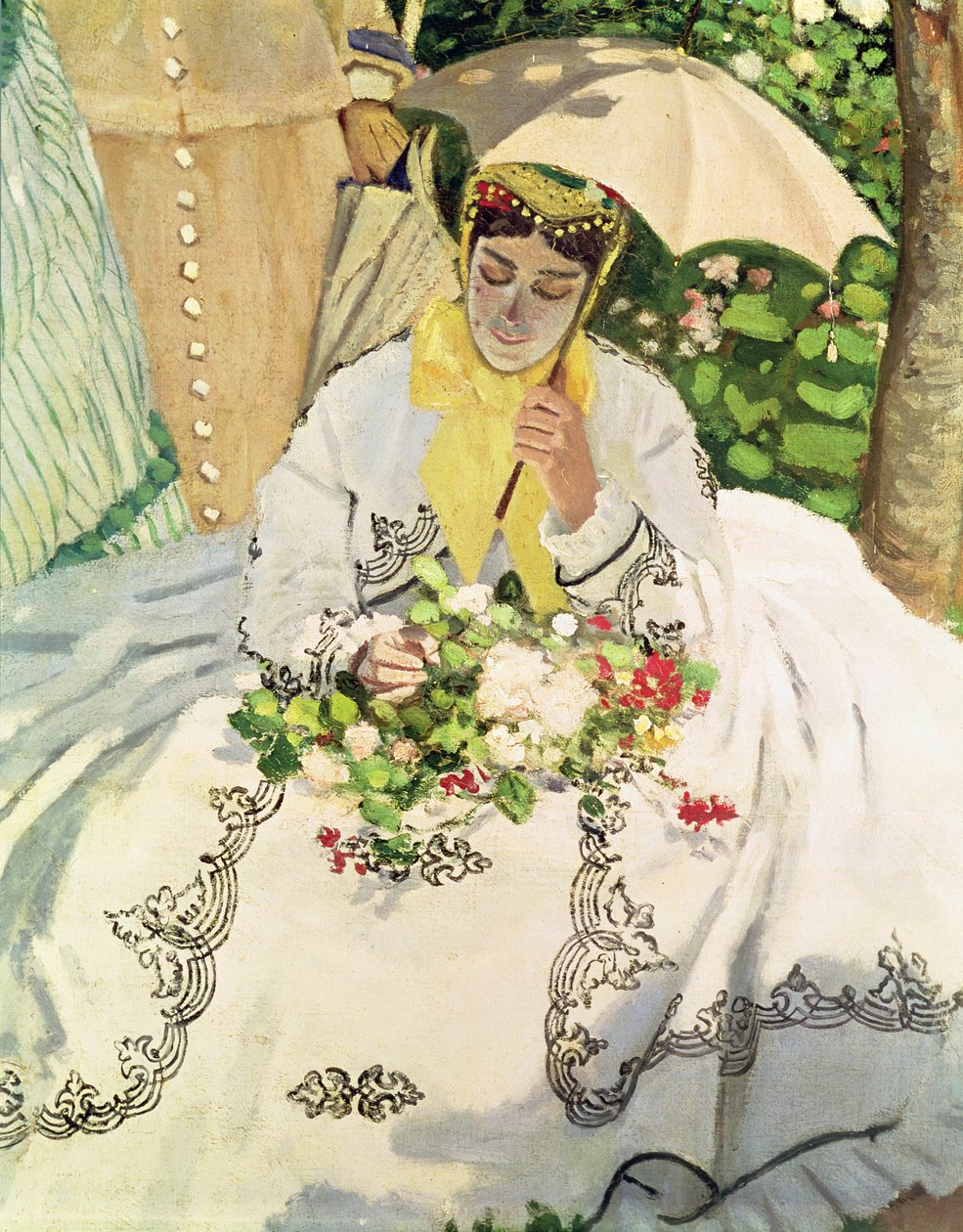 Femmes au jardin detalhe de uma jovem sentada carregando um guarda-sol, c.1866 óleo sobre tela de Claude Monet